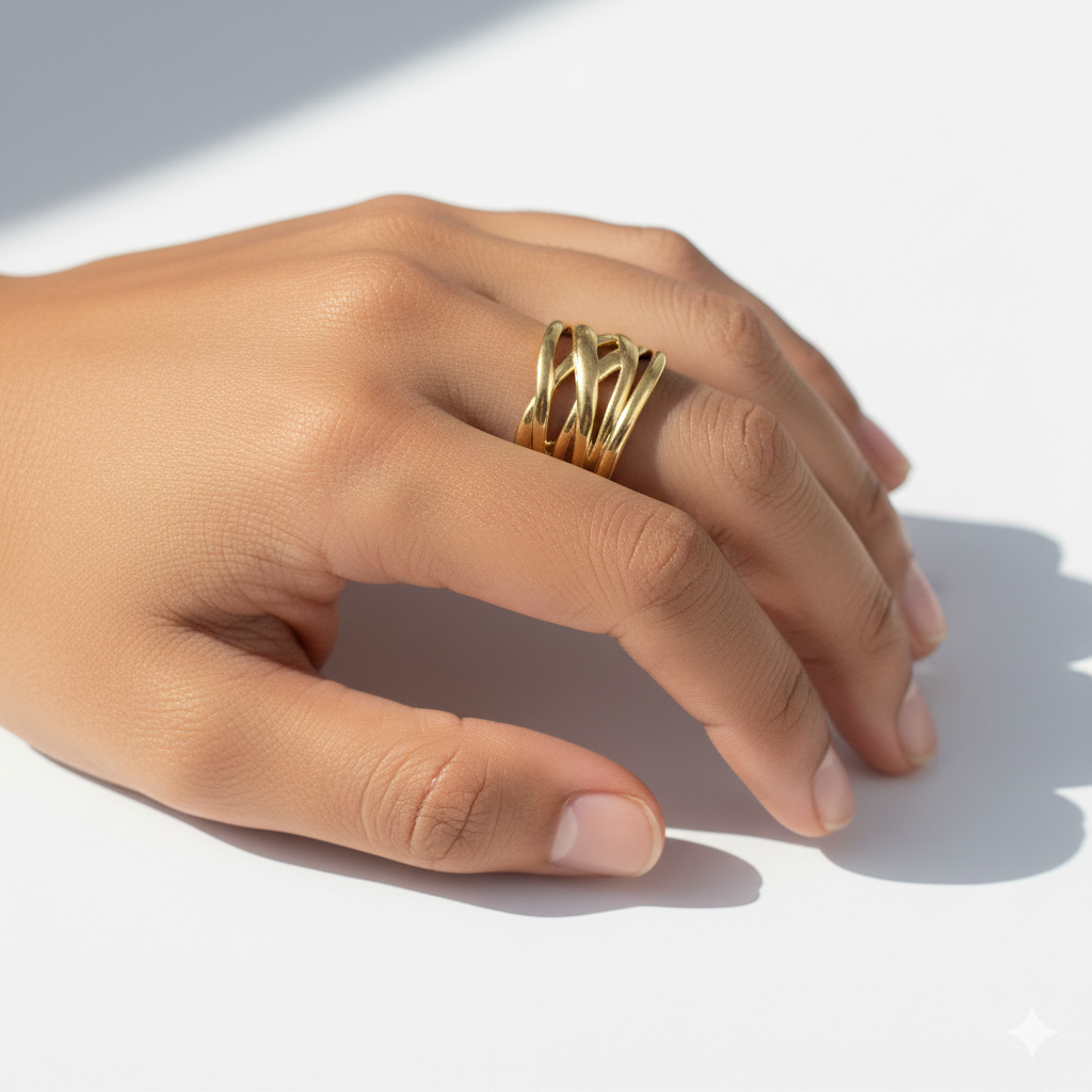 Hand wearing a gold ring on a light background