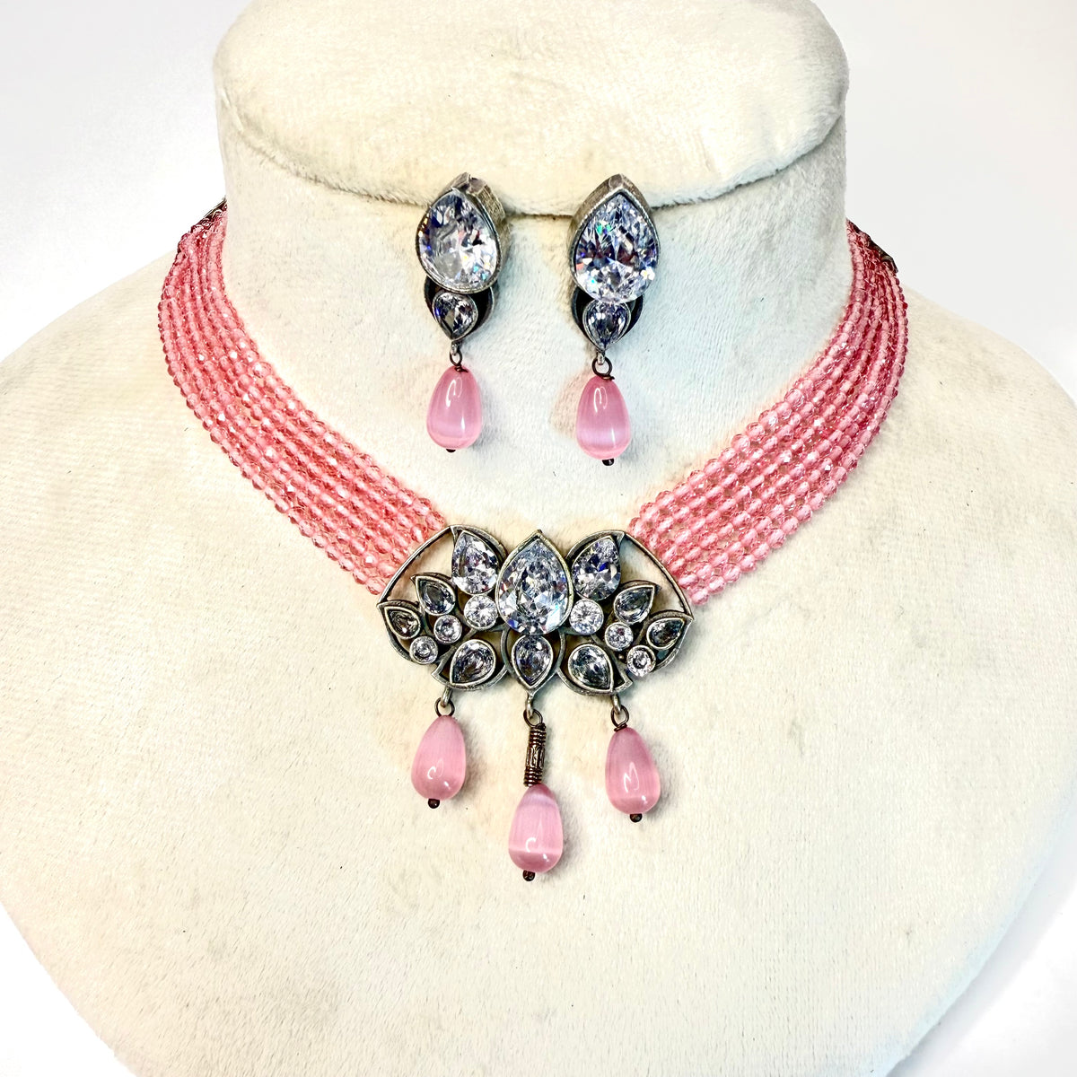 Rajeshwari Beaded Choker Set - Pink Choker Set premium artificial necklace