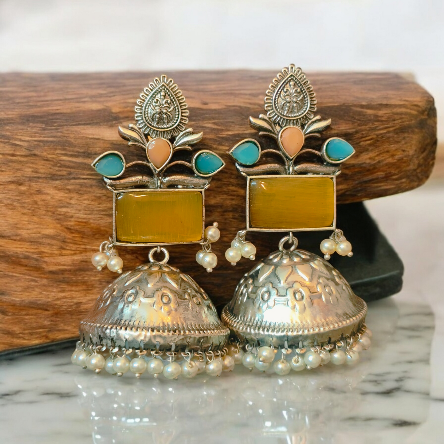 Aakriti Blue, Yellow, Peach Jhumka - MANKAA