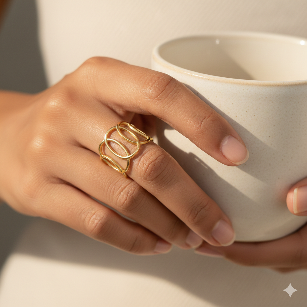 Hand wearing a gold ring holding a white ceramic cup.