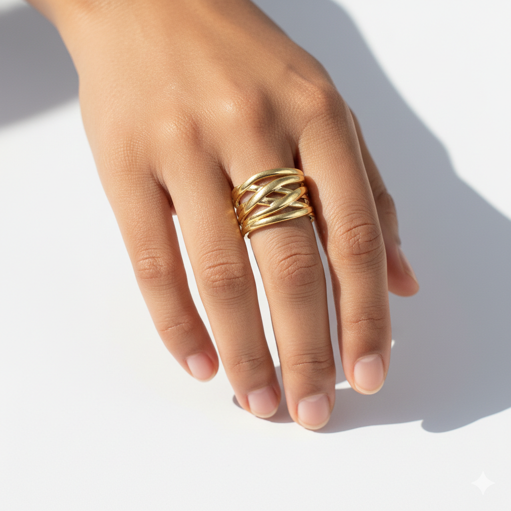 Hand wearing a gold ring on a light background